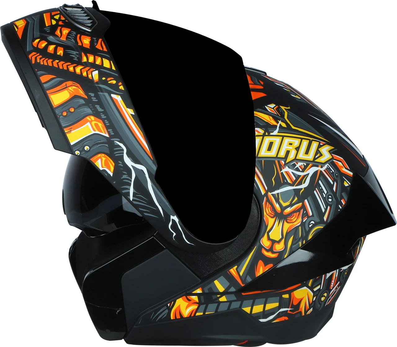 STEELBIRD SBA-8 ISS HORUS MATT BLACK/ORANGE C/V 600 MM WITH EXTRA SMOKE VISOR, BLACK SPOILER