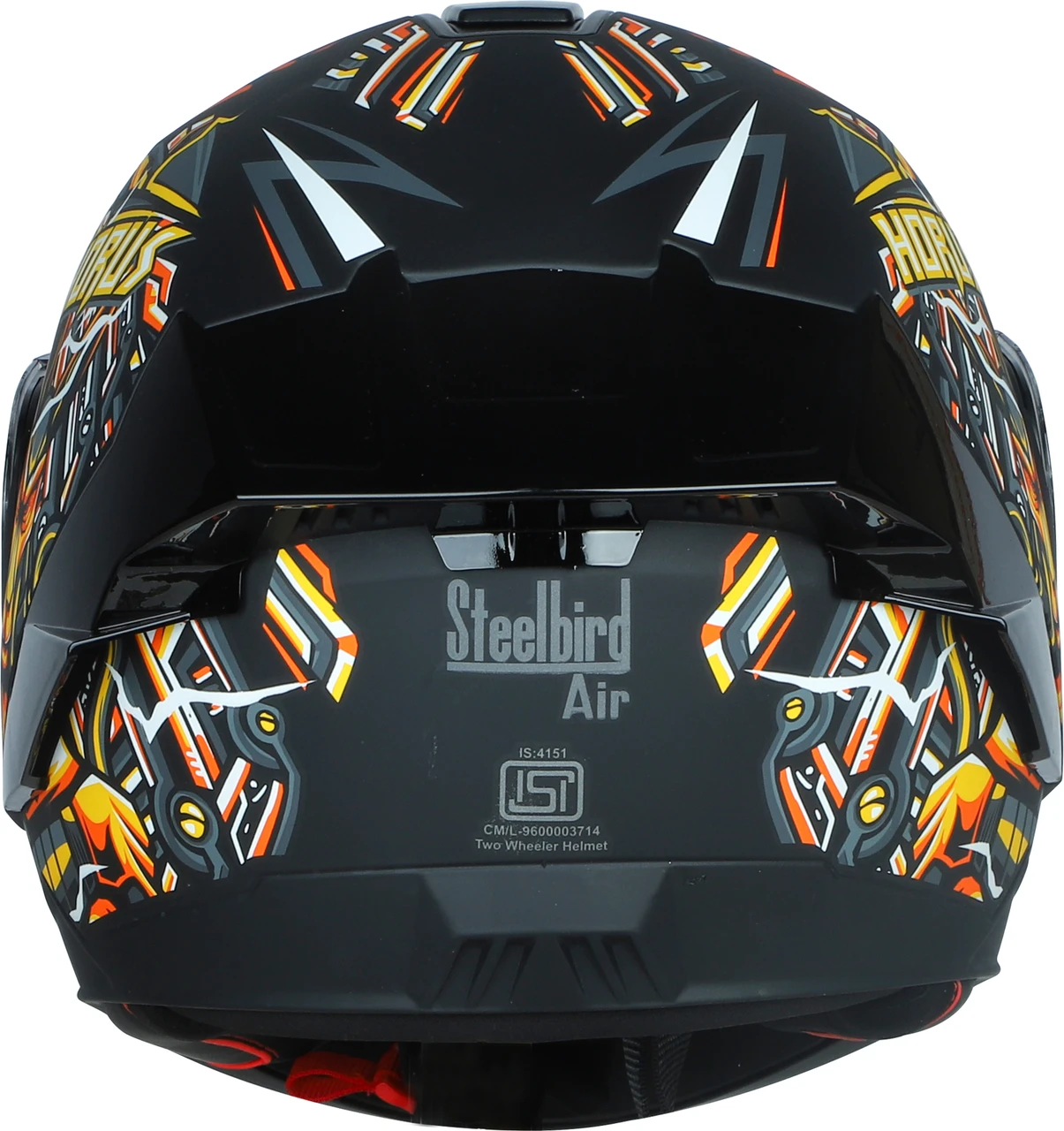 STEELBIRD SBA-8 ISS HORUS MATT BLACK/ORANGE C/V 600 MM WITH EXTRA SMOKE VISOR, BLACK SPOILER