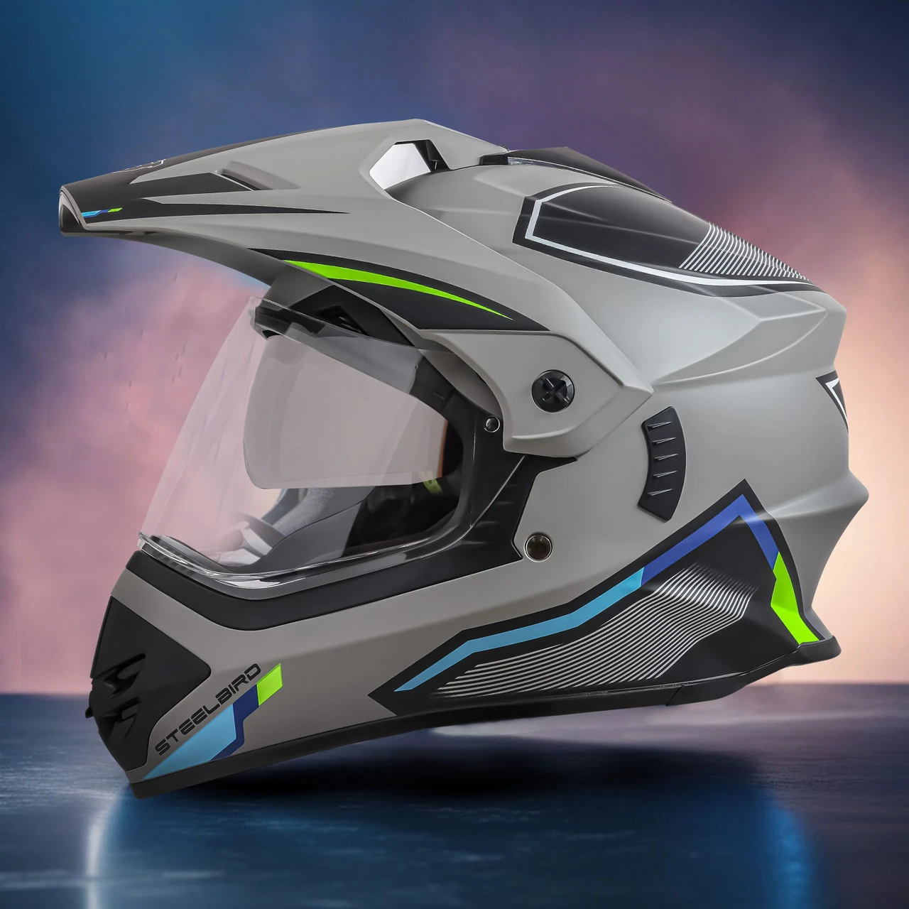STEELBIRD SBH-13 ISS RACER MATT TITANIUM GREY/GREEN C/V 600 MM