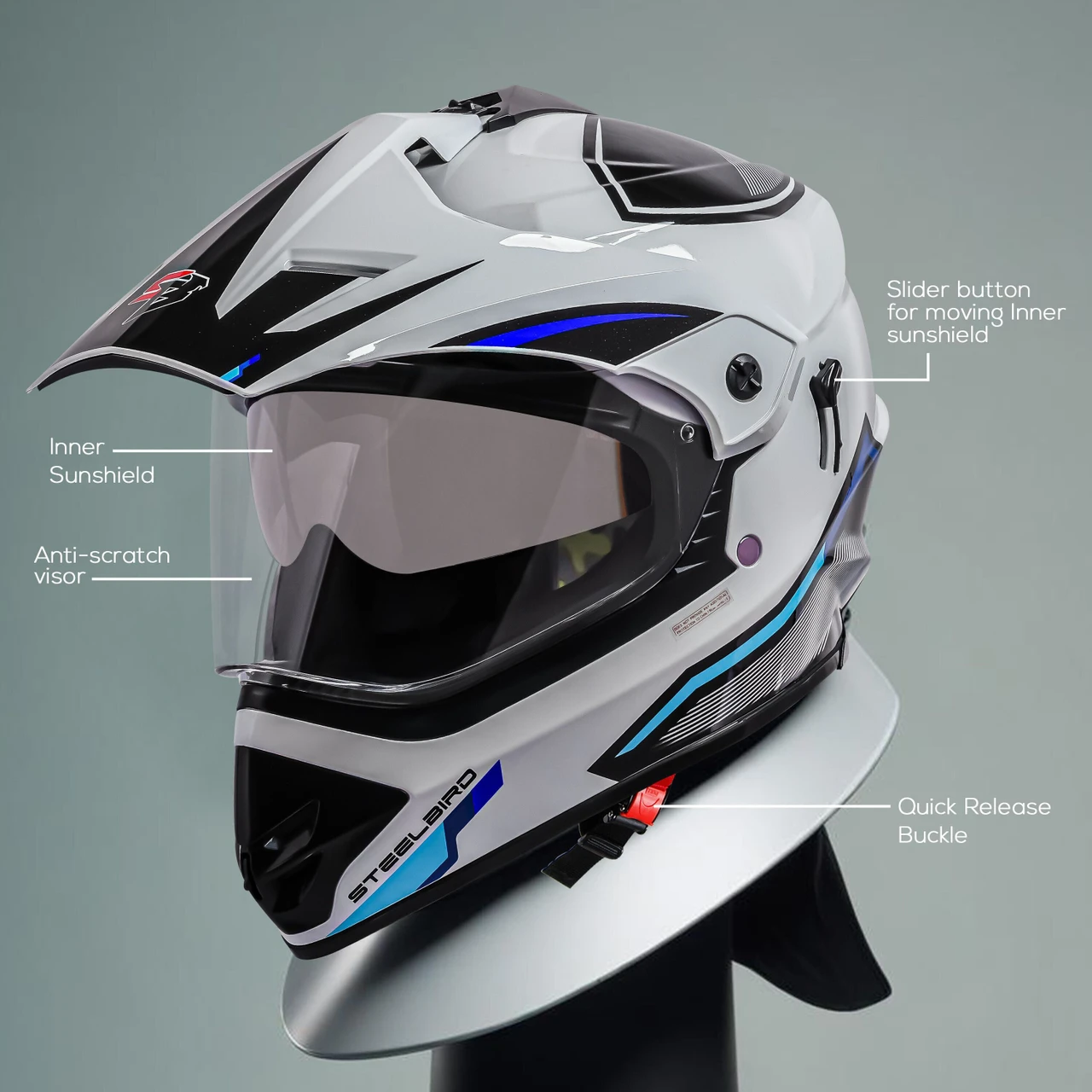 STEELBIRD SBH-13 ISS RACER GLOSSY WHITE BLUE C/V 580 MM STEELBIRD SBH-13 ISS RACER GLOSSY WHITE BLUE C/V 580 MM