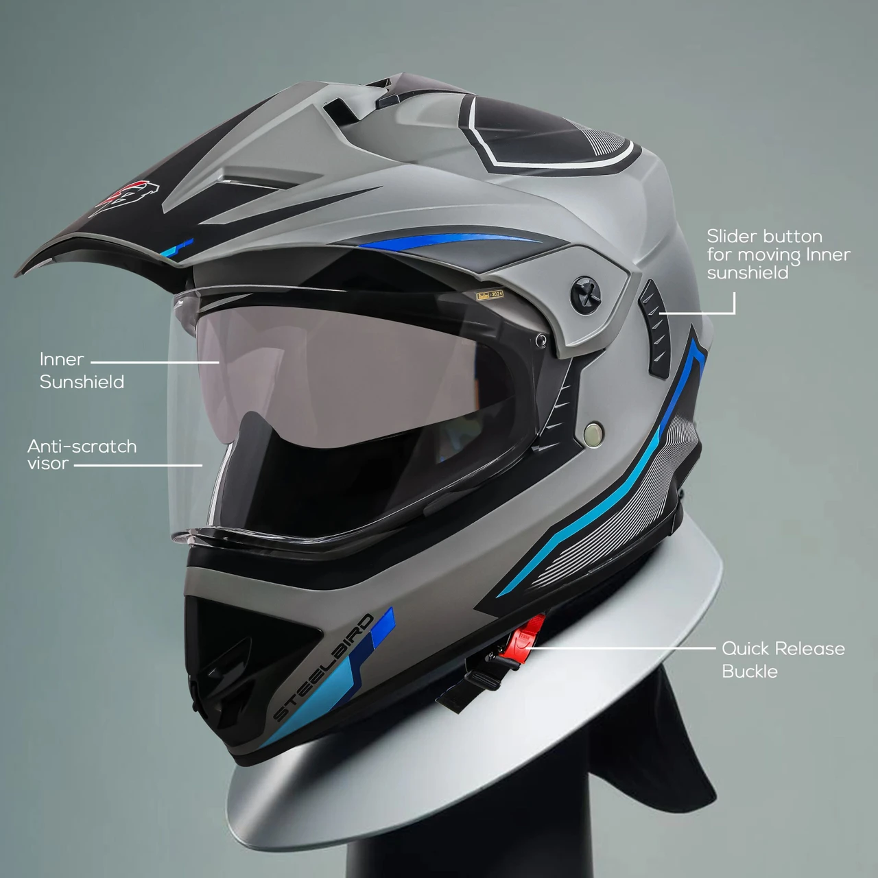 STEELBIRD SBH-13 ISS RACER GLOSSY TITANIUM GREY/BLUE C/V 600 MM STEELBIRD SBH-13 ISS RACER GLOSSY TITANIUM GREY/BLUE C/V 600 MM