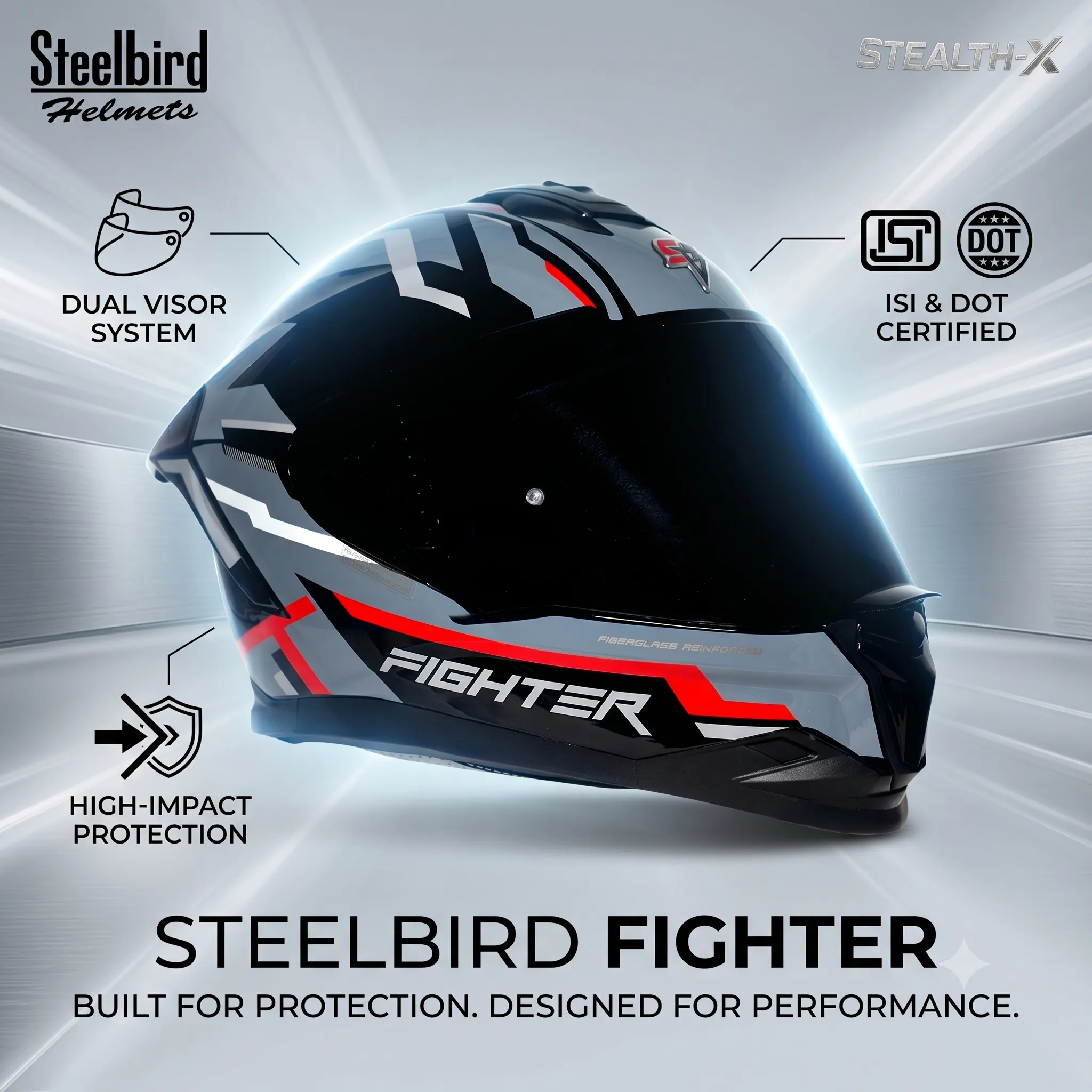 STEELBIRD SBH-57 ISS FIGHTER STEALTH X GLOSSY BLACK/RED C/V 620MM WITH EXTRA SMOKE VISOR STEELBIRD SBH-57 ISS FIGHTER STEALTH X GLOSSY BLACK/RED C/V 620MM WITH EXTRA SMOKE VISOR