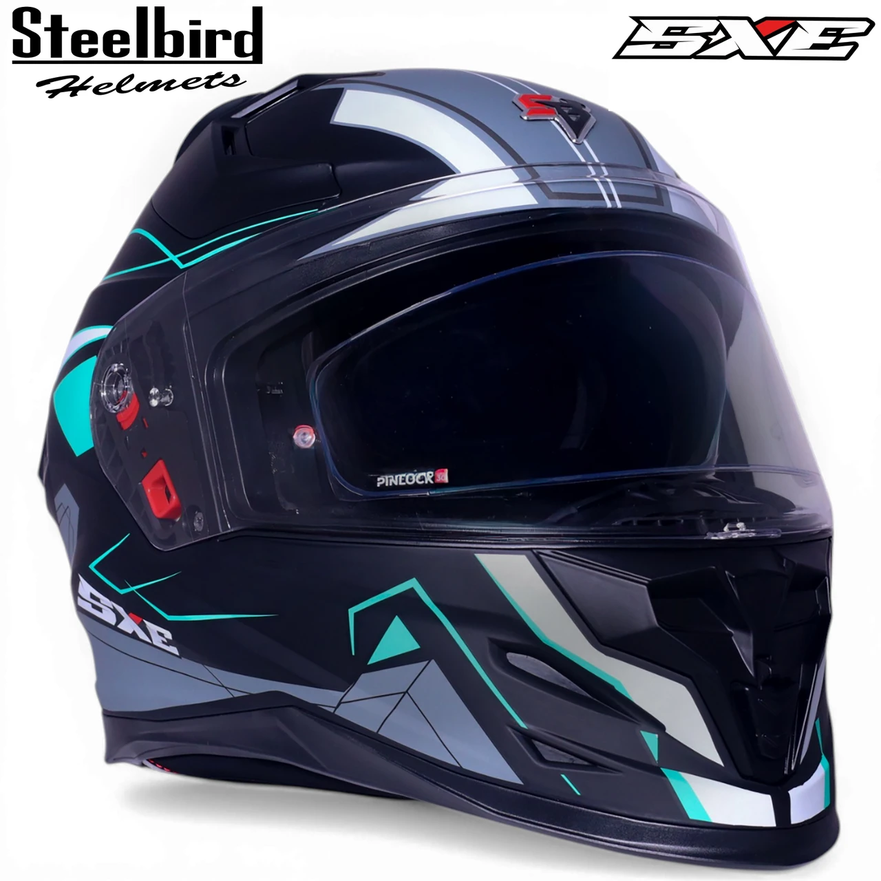 STEELBIRD SBH-61 ISS SXE RACE-X MATT BLACK/CYAN GREEN WITH AFS EDITION C/V 620MM