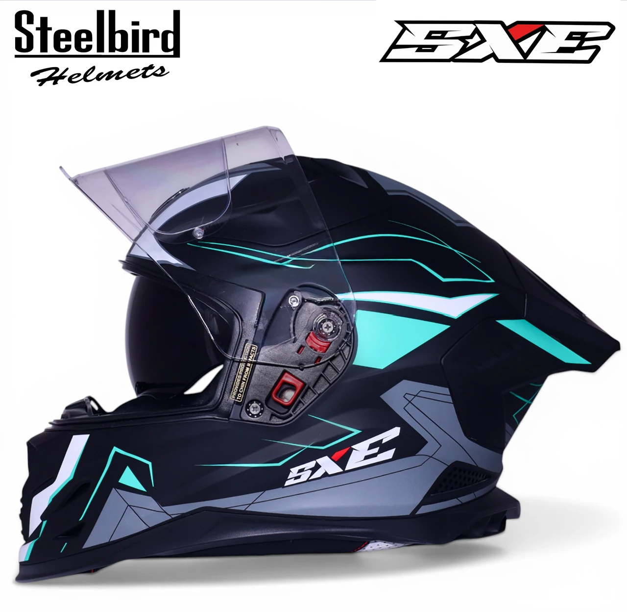 STEELBIRD SBH-61 ISS SXE RACE-X MATT BLACK/CYAN GREEN WITH AFS EDITION C/V 600MM