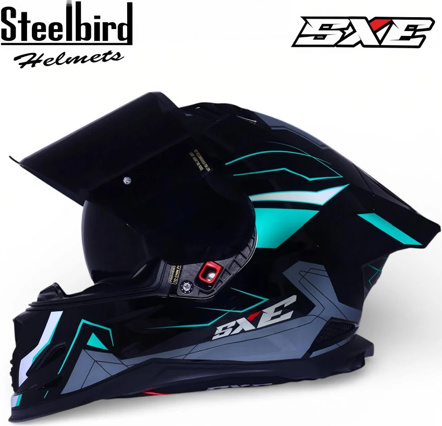 STEELBIRD SBH-61 ISS SXE RACE-X GLOSSY BLACK/CYAN GREEN WITH TPE EDITION C/V 600MM STEELBIRD SBH-61 ISS SXE RACE-X GLOSSY BLACK/CYAN GREEN WITH TPE EDITION C/V 600MM