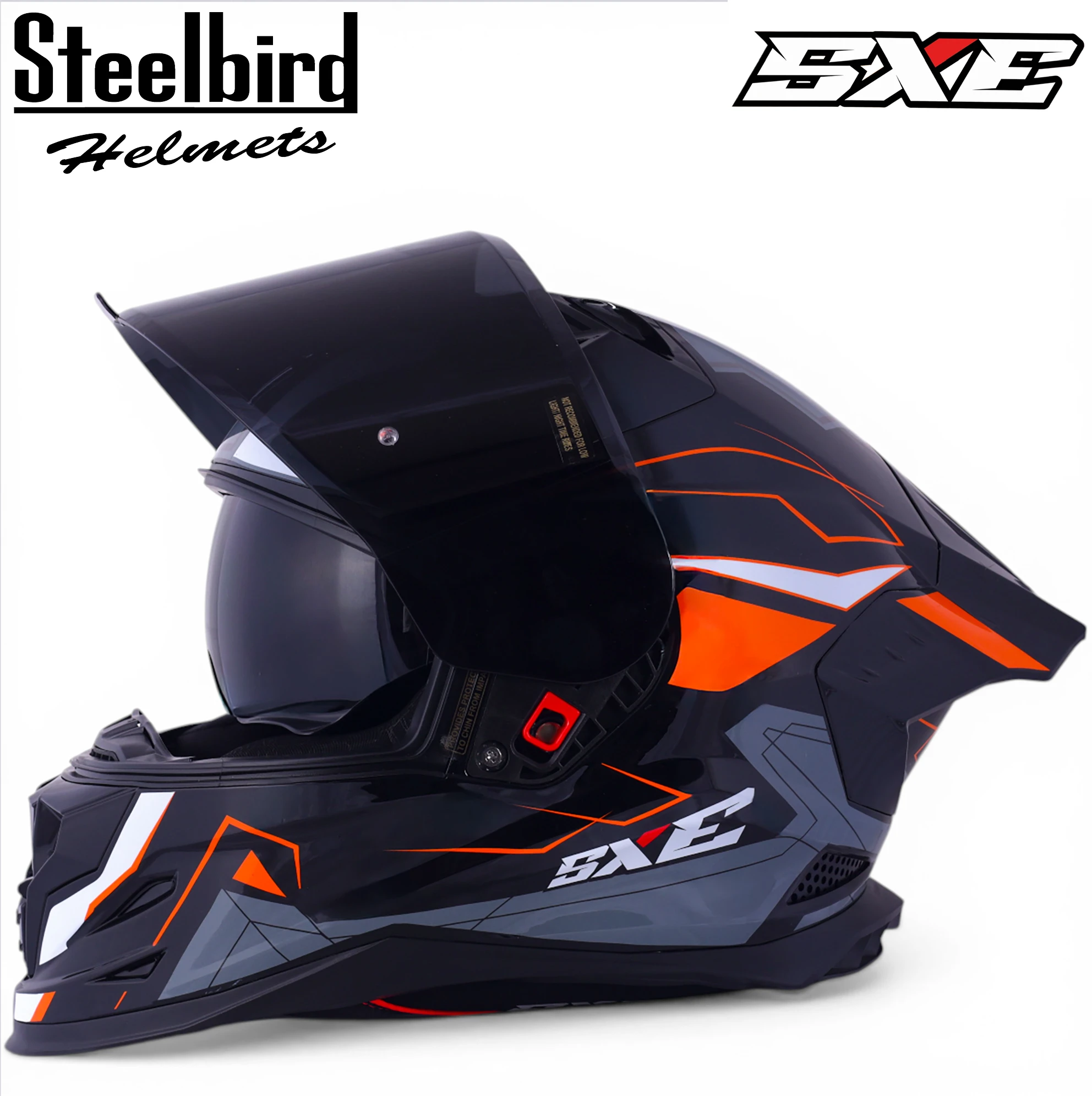 STEELBIRD SBH-61 ISS SXE RACE-X GLOSSY BLACK/ORANGE WITH TPE EDITION C/V 620MM (WITH EXTRA SMOKE VISOR)