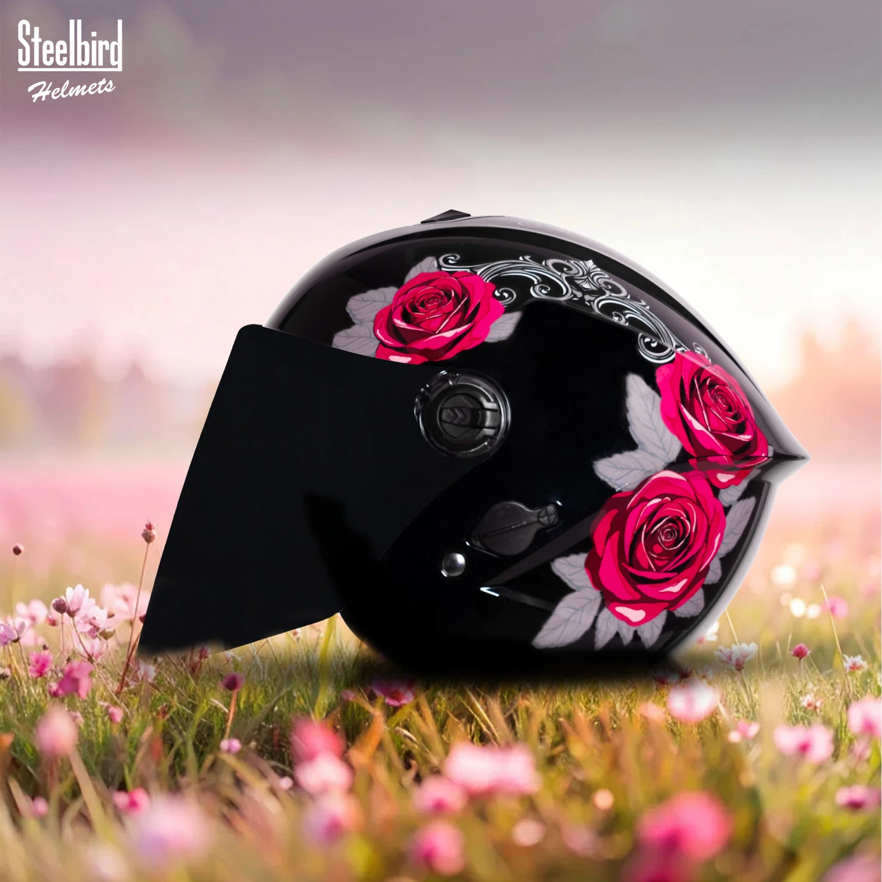STEELBIRD SBH-80 FAIRY FR1 GLOSSY BLACK/PINK ROSE C/V (M) STEELBIRD SBH-80 FAIRY FR1 GLOSSY BLACK/PINK ROSE C/V (M)
