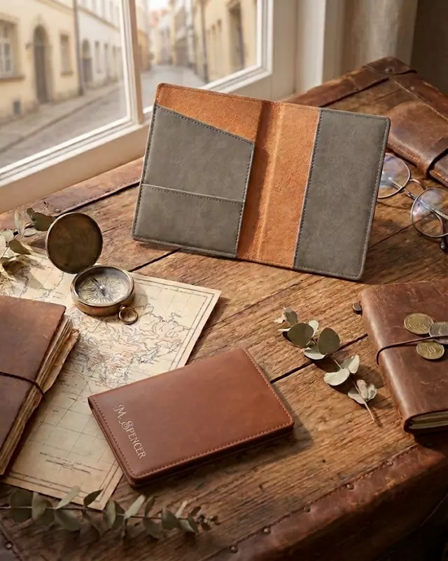 Saddle Collection personalized passport holder featuring custom faux leather travel accessory.