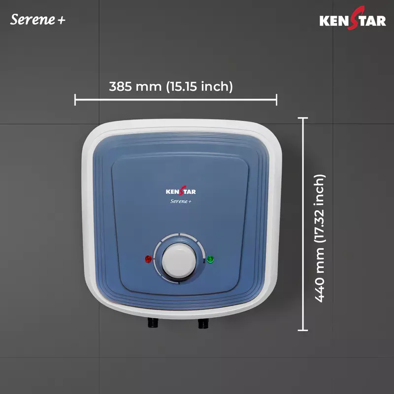 A white Kenstar Serene+ 10L water heater shown from the front against a plain background.
