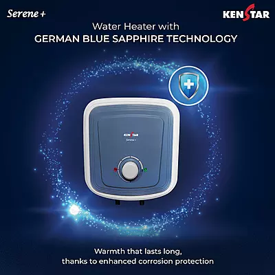 Close-up of the temperature control knob and indicator lights on the Kenstar Serene+ 10L.