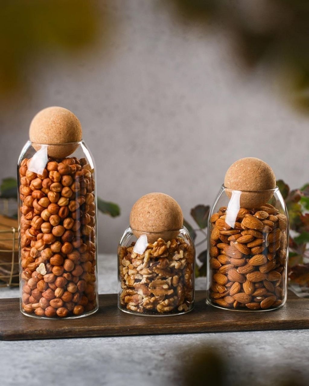SET OF 3 GLASS STORAGE JAR WITH AIRTIGHT CORK BALL LID