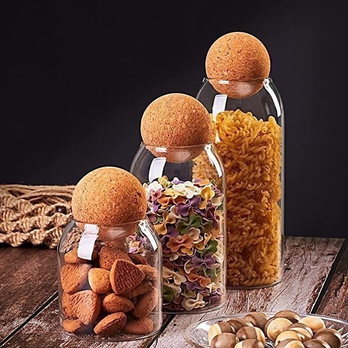 SET OF 3 GLASS STORAGE JAR WITH AIRTIGHT CORK BALL LID