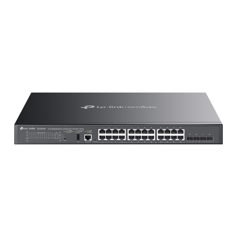 Omada 24-Port Gigabit Stackable Lite L3 Managed PoE++ Switch with 4× 10G Slots Omada 24-Port Gigabit Stackable Lite L3 Managed PoE++ Switch with 4× 10G Slots