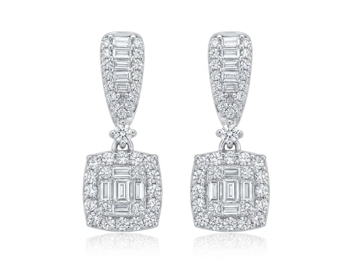 Aretes colgantes de oro blanco cuadrados con diamantes