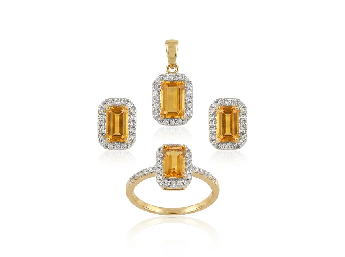 14K 0.35CT DIAMOND & 1.76CT CITRINE EARRING, PENDANT & RING (SET CITRINO RECT)