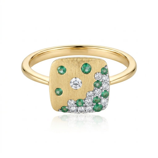 Anillo de oro Cuadrado con incrustaciones de Diamantes y Esmeraldas