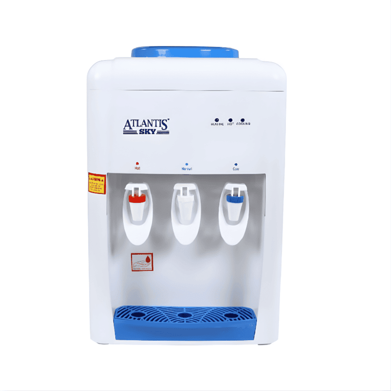 Front view of Atlantis Sky table top dispenser showing LED indicators and a spacious drip tray.