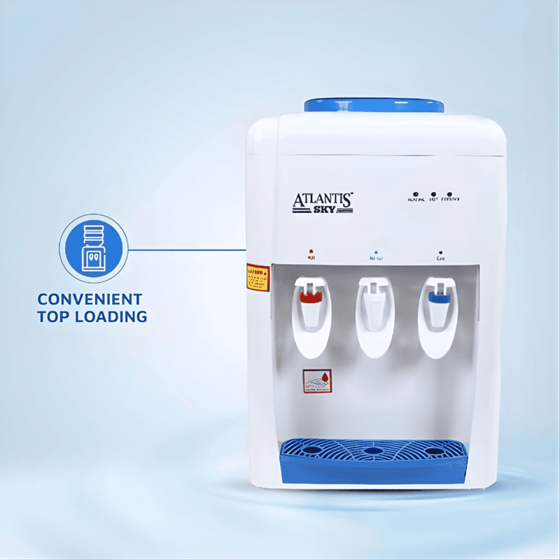 Compact Atlantis Sky water dispenser in sleek white and blue design with three easy-push taps.