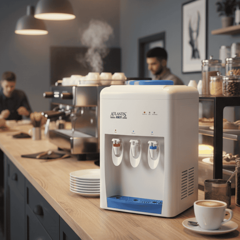 Space-saving Atlantis Sky water dispenser with a durable plastic body & manual push faucets.