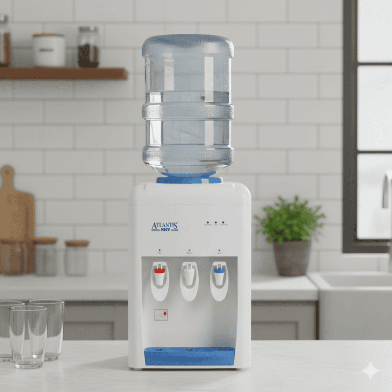 Modern Atlantis Sky water cooler sitting on a kitchen counter with a 20-liter bottle mounted on top.