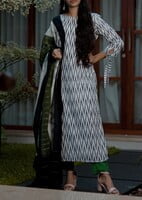 Double IKKAT Cotton Salwar Set /Green-White-Black/Slitted Top -Pencil Pant-IKKAT Dupatta