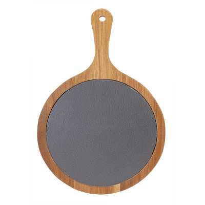 Round Acacia Wood & Slate Serving Board with Handle – 8 1/4" x 12 1/4"