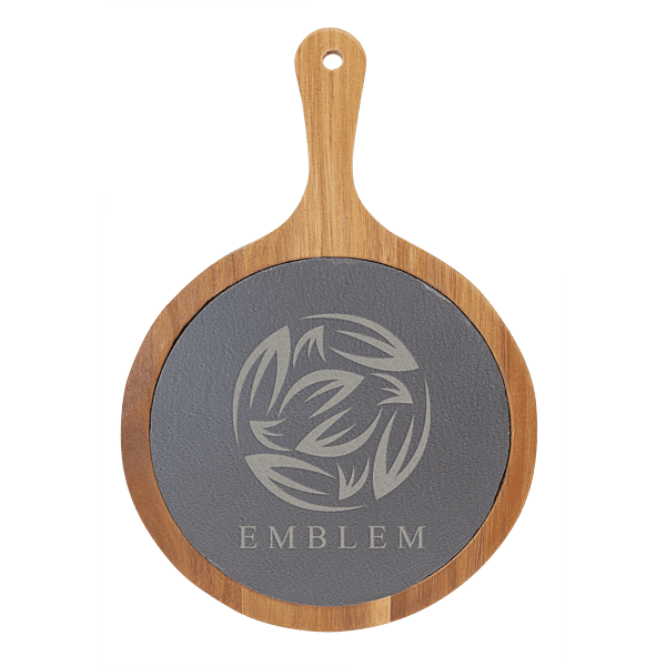 Round Acacia Wood & Slate Serving Board with Handle – 8 1/4" x 12 1/4"