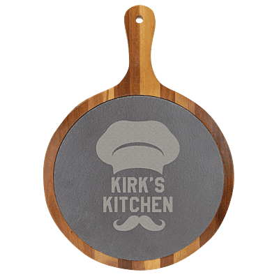 Personalized Round Acacia Wood & Slate Serving Board with Handle – 10 1/2" x 14 1/2"