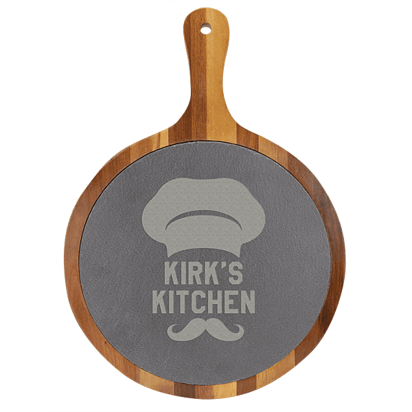 Personalized Round Acacia Wood & Slate Serving Board with Handle – 10 1/2" x 14 1/2"