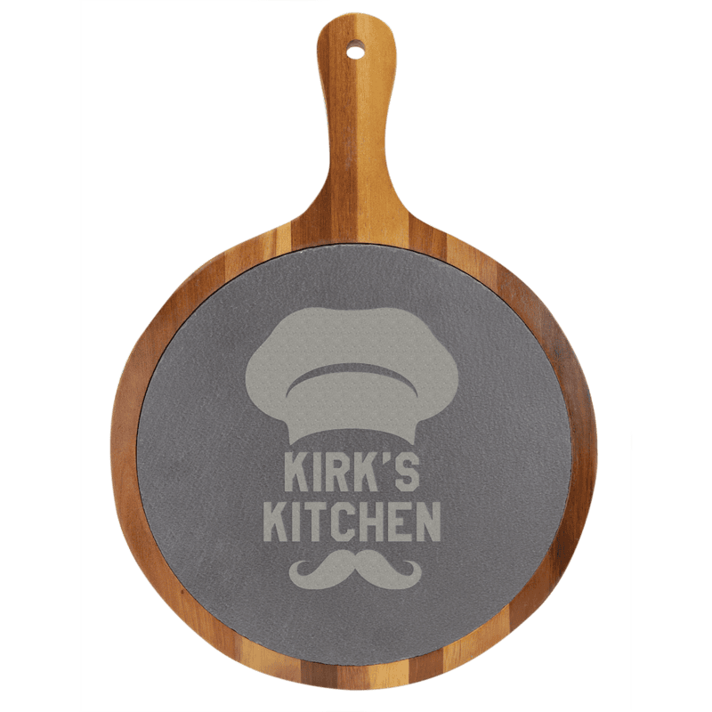 Personalized Round Acacia Wood & Slate Serving Board with Handle – 10 1/2" x 14 1/2"