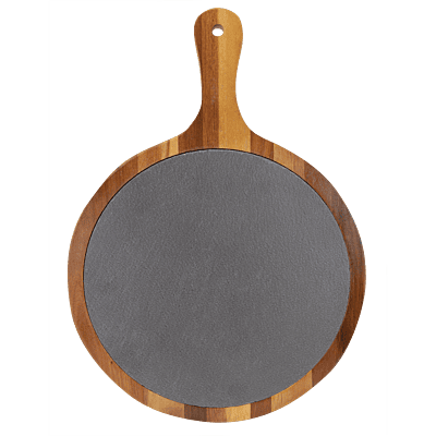 Personalized Round Acacia Wood & Slate Serving Board with Handle – 10 1/2" x 14 1/2"