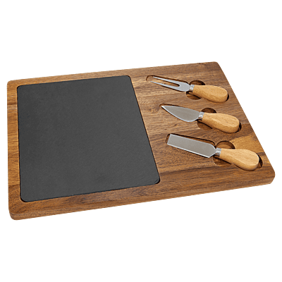 Acacia Wood & Slate Cheese Board Set – 13 3/4" x 9 3/4" with Three Tools