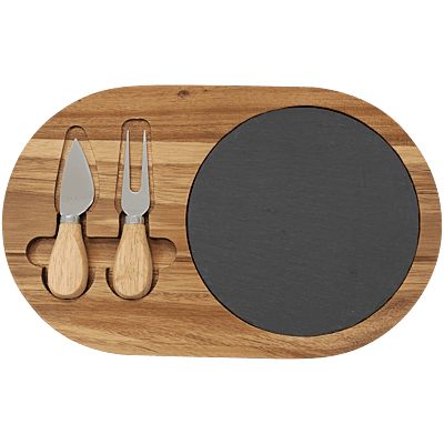 Acacia Wood & Slate Oval Cheese Set – 12 1/2" x 7 3/4" with Two Tools