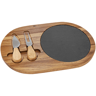 Acacia Wood & Slate Oval Cheese Set – 12 1/2" x 7 3/4" with Two Tools