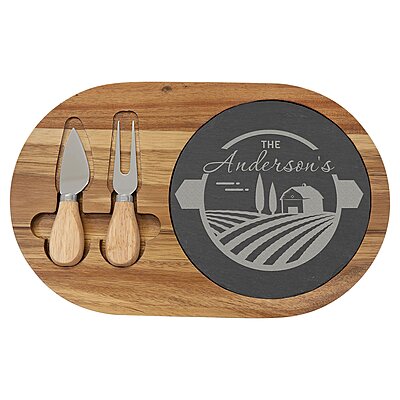 Acacia Wood & Slate Oval Cheese Set – 12 1/2" x 7 3/4" with Two Tools