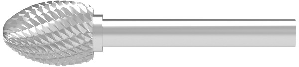 SOLID CARBIDE BURR, CROSS-PITCHED BUD SHAPED LONG
