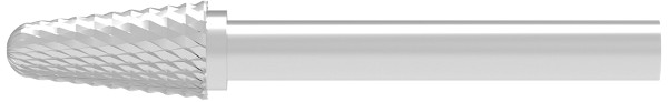 SOLID CARBIDE BURR, CROSS-PITCHED TAPERED WITH RADIUS