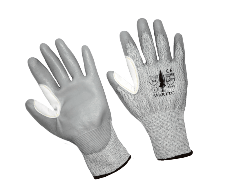 ANSI 4 HPPE FIBER, PU PALM, LEATHER THUMB CROTCH