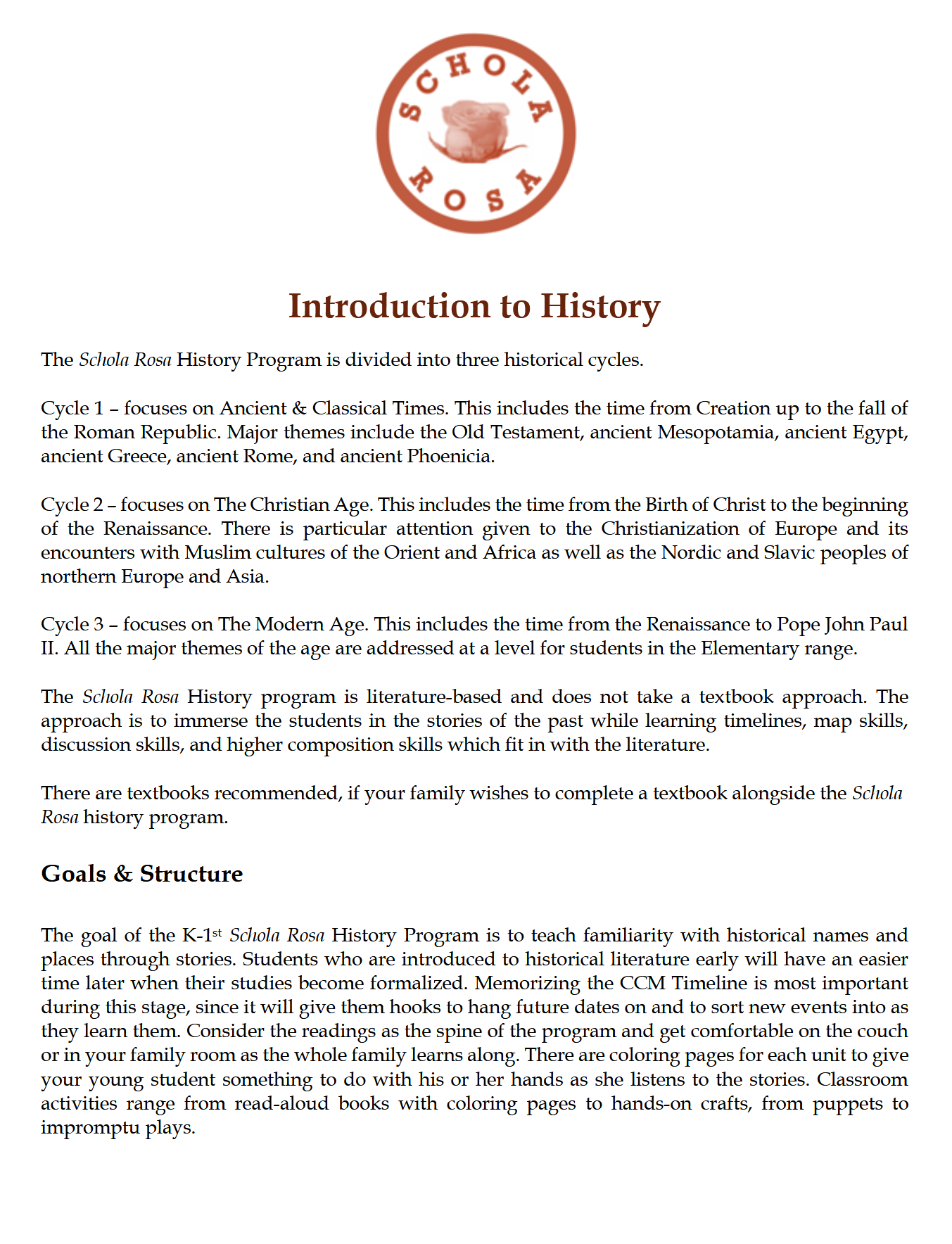 History K-1: Ancient & Classical Times - Schola Rosa Cycle 1