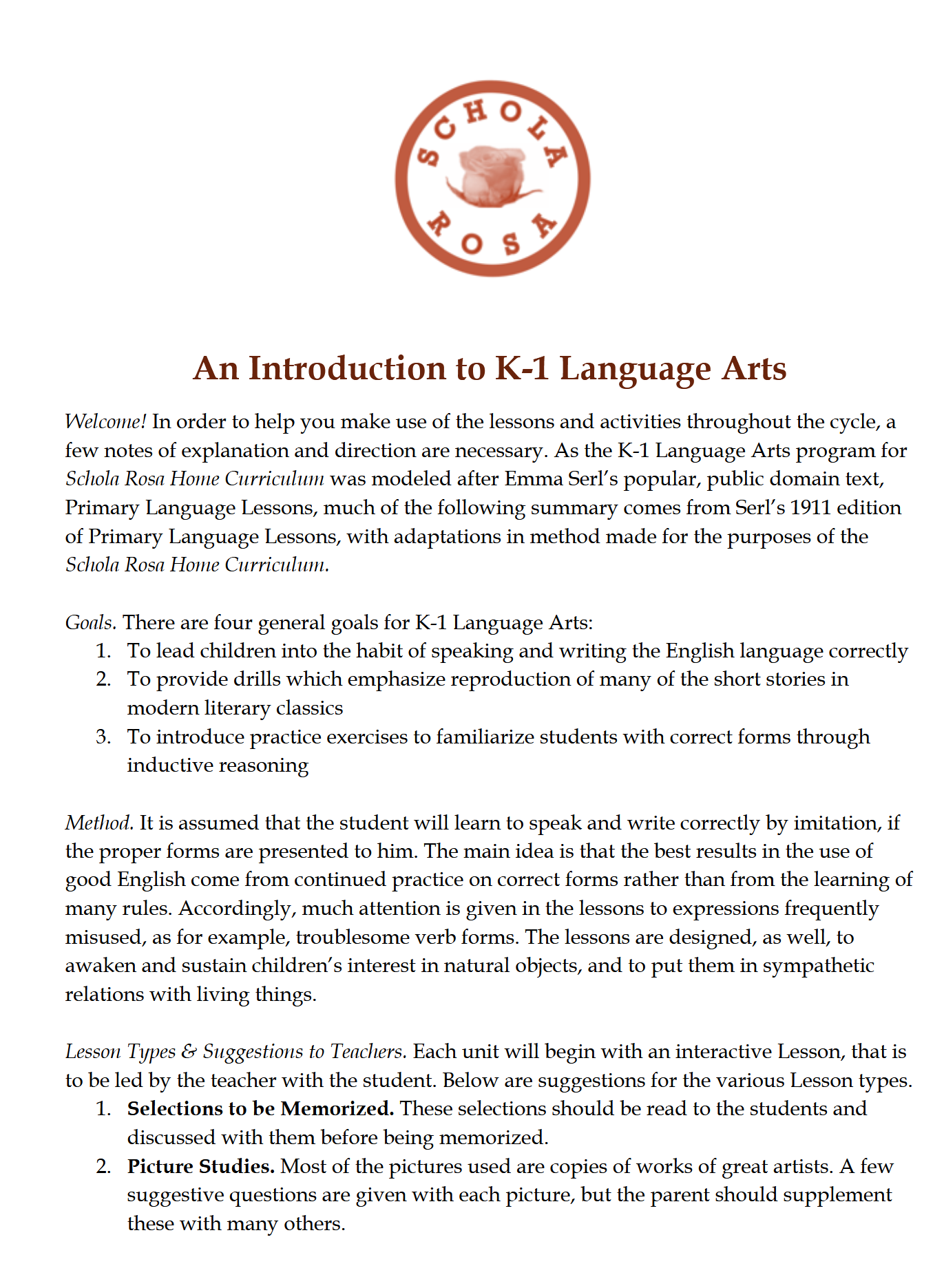 Language Arts K-1: Schola Rosa Cycle 1