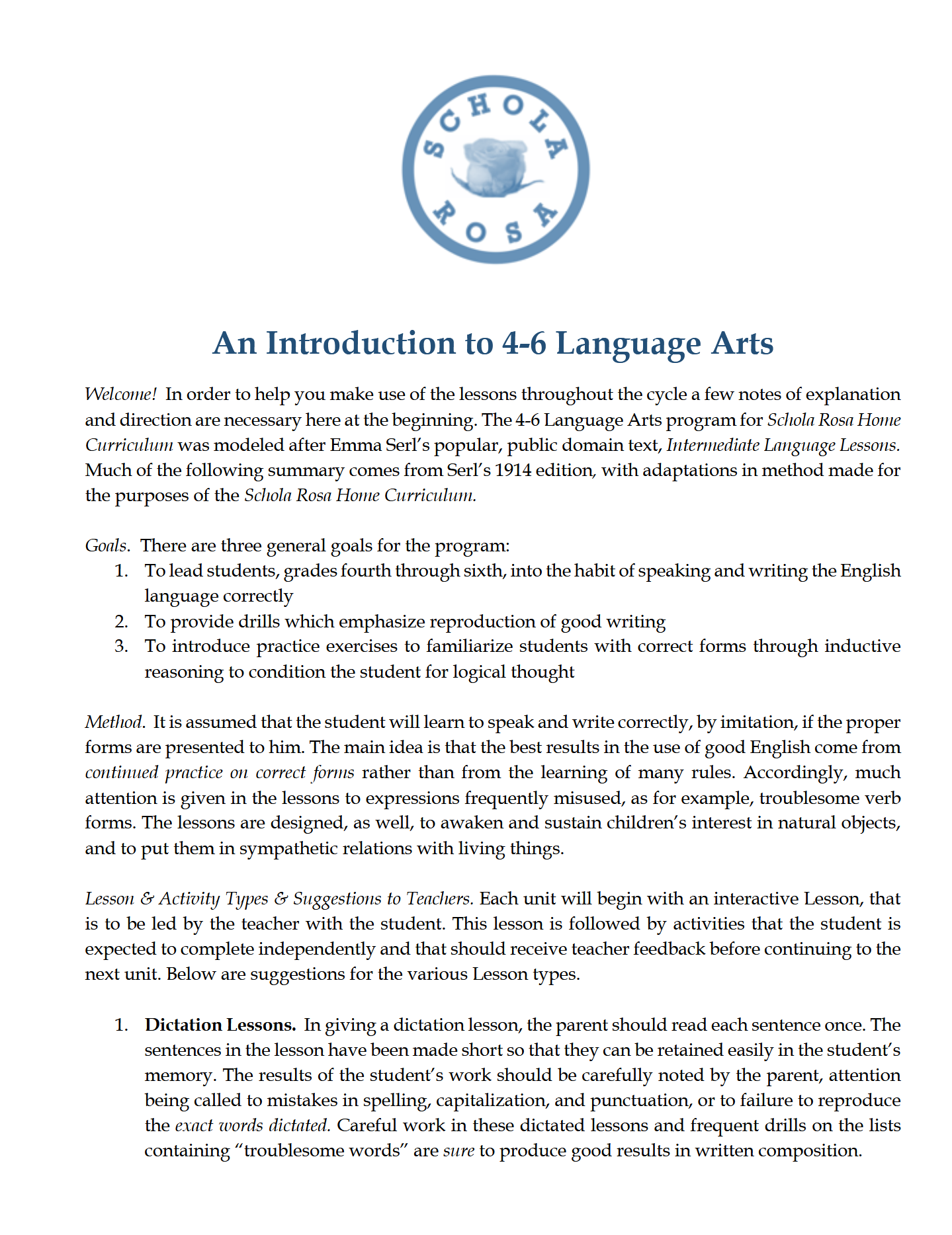 Language Arts 4-6: Schola Rosa Cycle 3 Language Arts 4-6: Schola Rosa Cycle 3