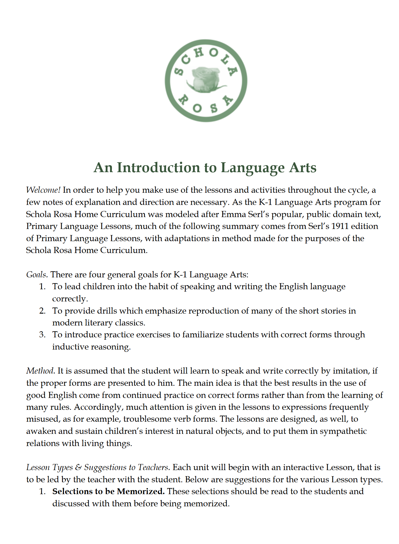 Language Arts K-1: Schola Rosa Cycle 2