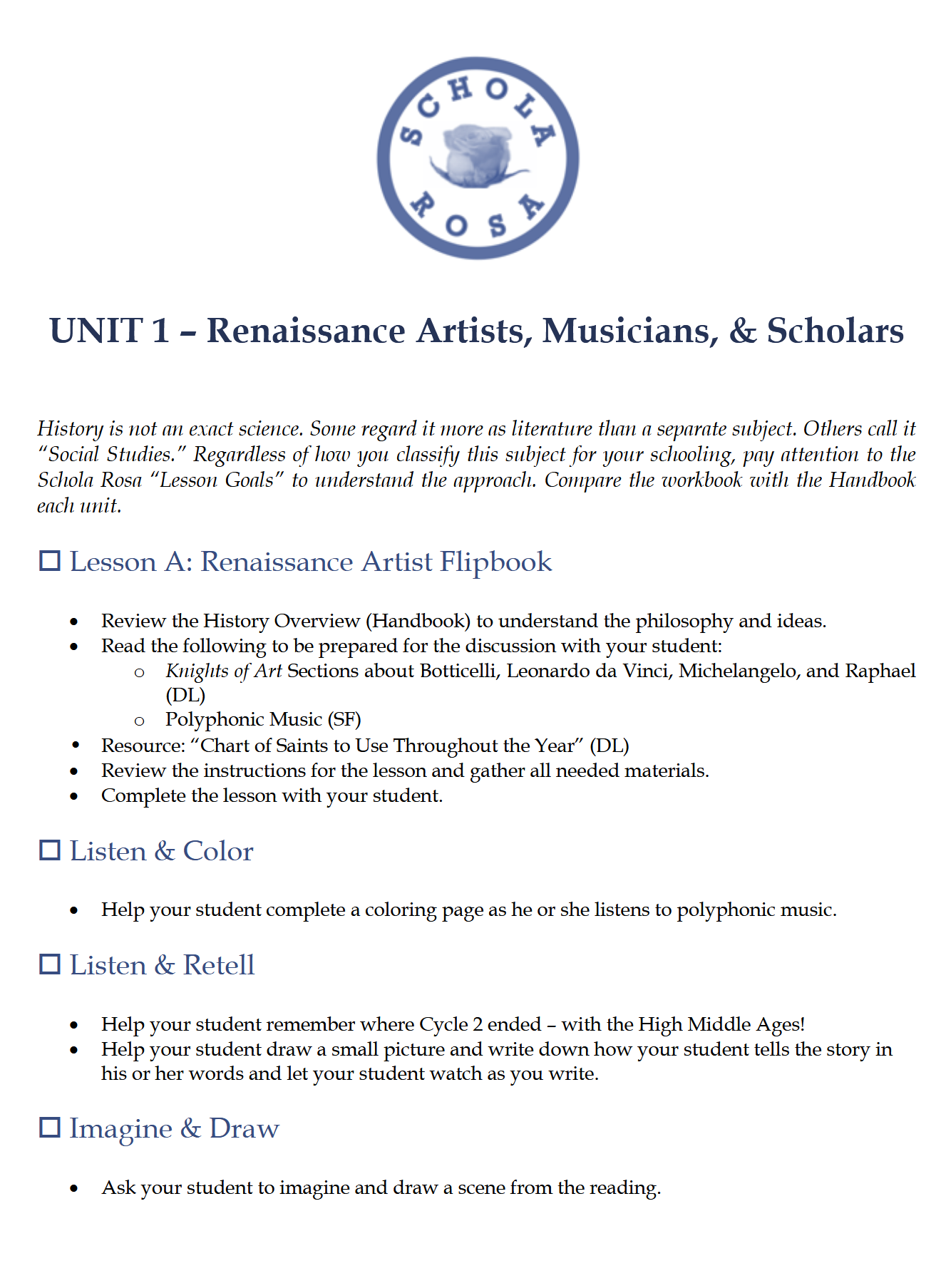 History K-1: Modern Times: Schola Rosa Cycle 3 History K-1: Modern Times: Schola Rosa Cycle 3