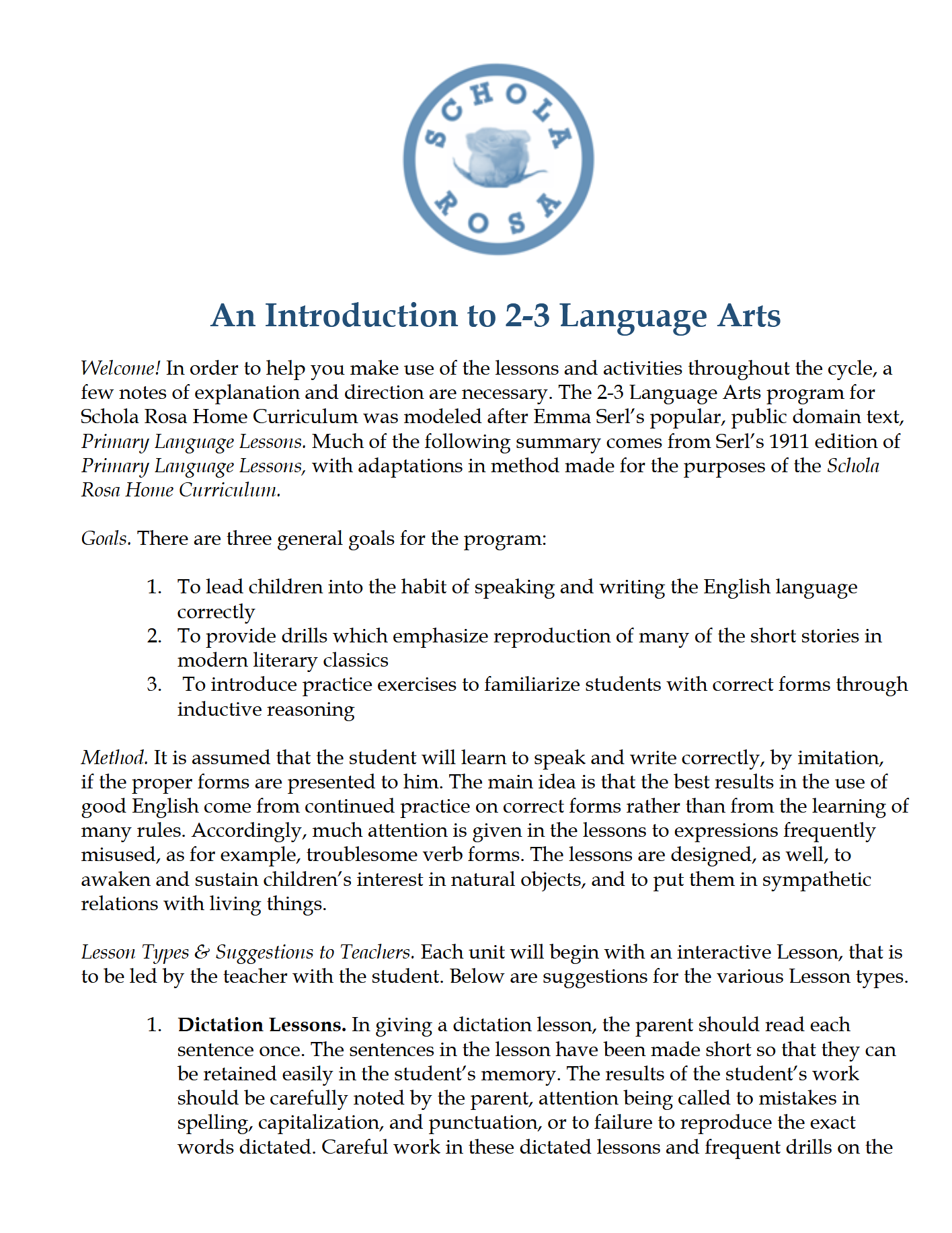 Language Arts 2-3: Schola Rosa Cycle 3 Language Arts 2-3: Schola Rosa Cycle 3