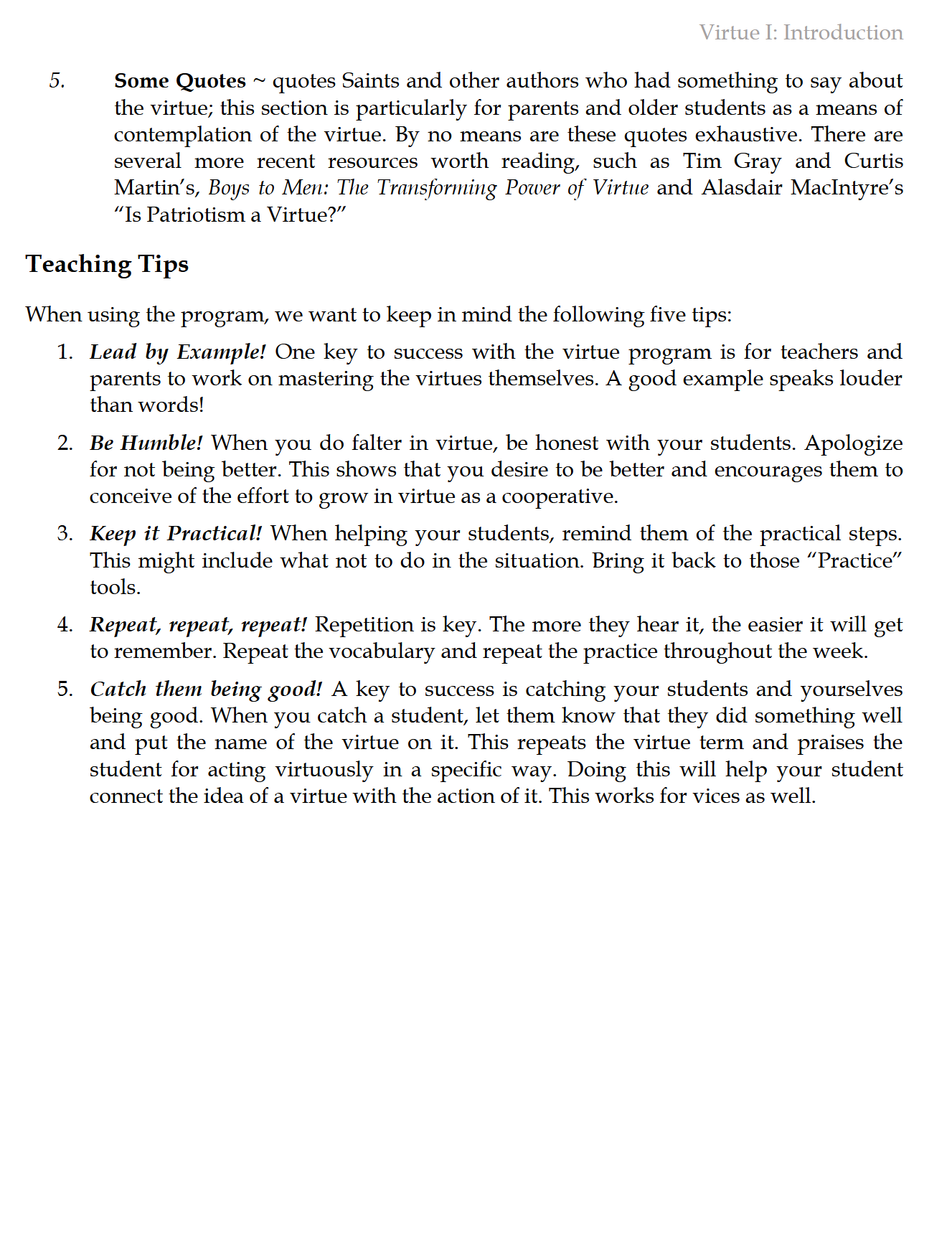 Virtue I: Focusing on the Cardinal Virtues (K-6)