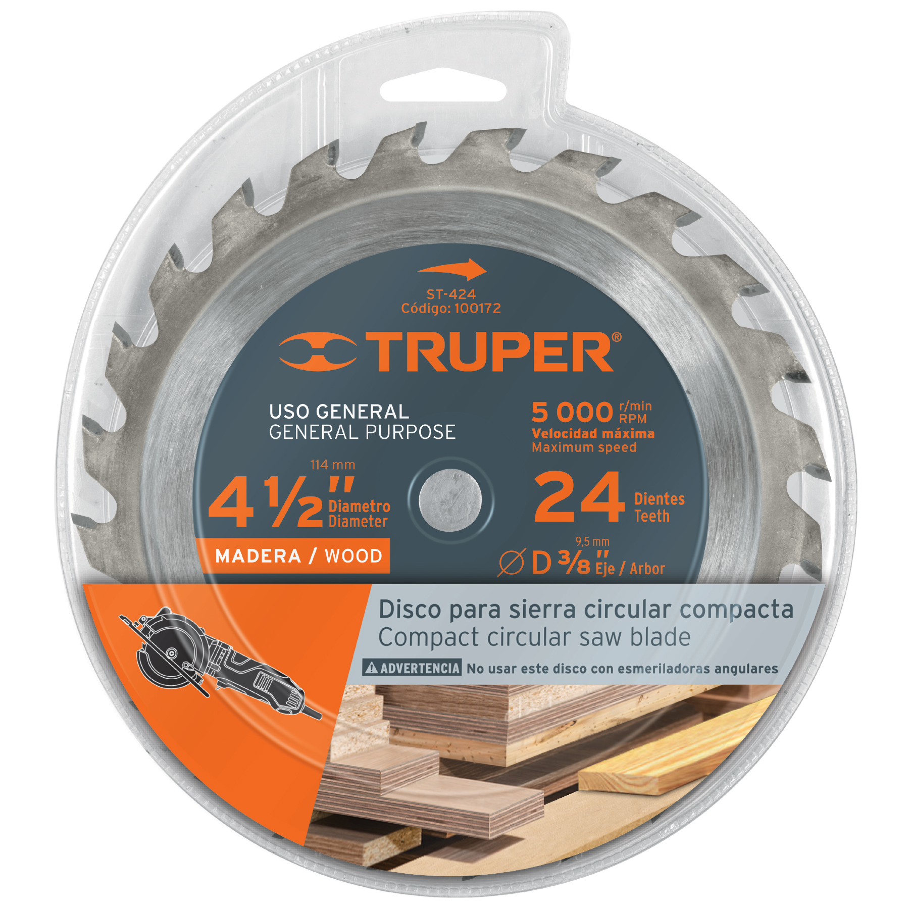 Disco sierra p/madera 4-1/2', 24 dientes, centro 3/8' - ST-424 / 100172