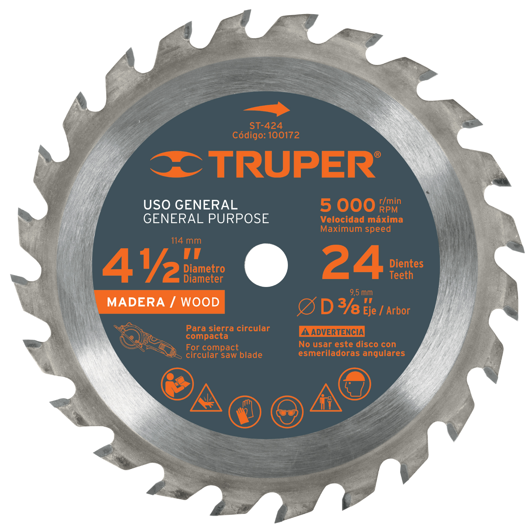 Disco sierra p/madera 4-1/2', 24 dientes, centro 3/8' - ST-424 / 100172