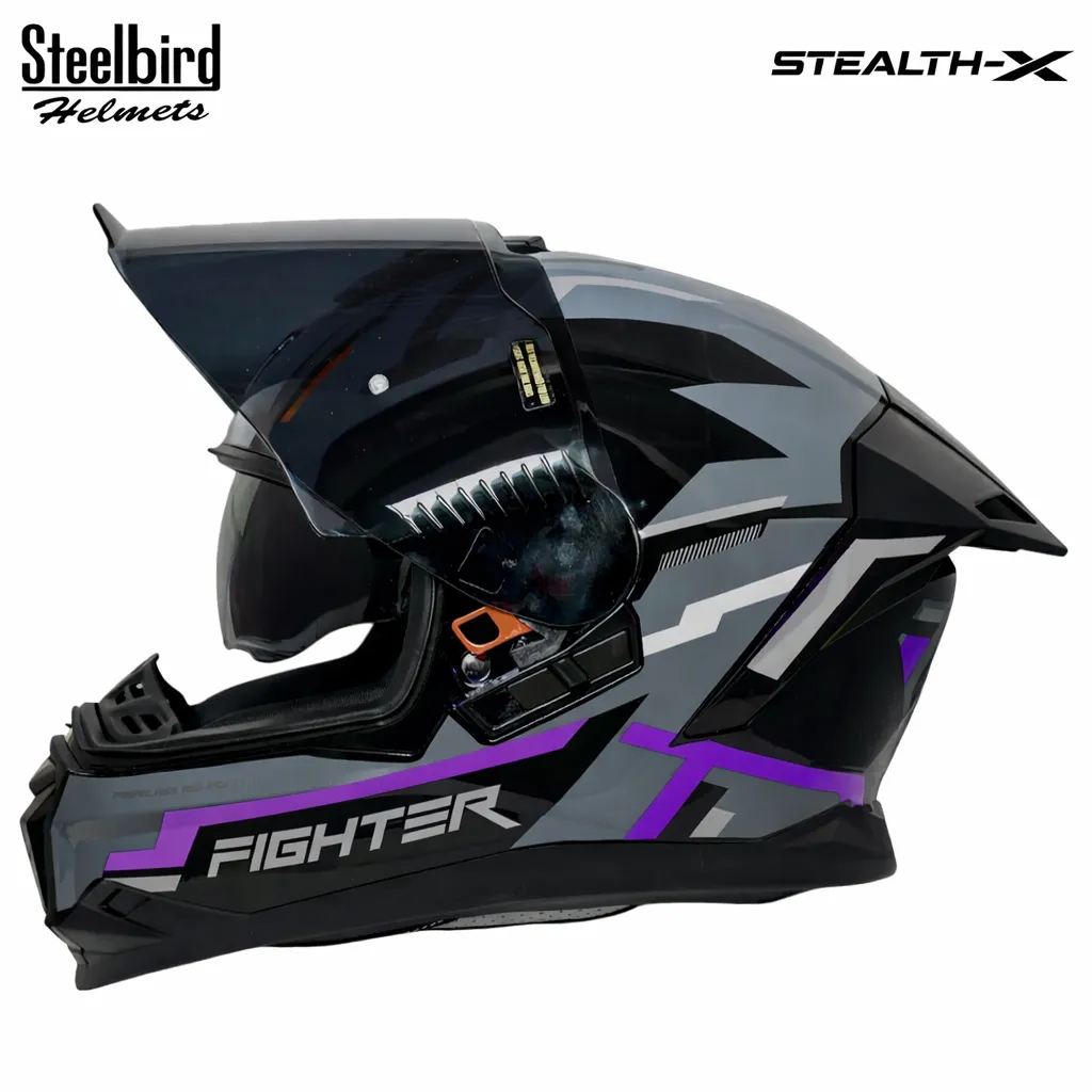 STEELBIRD SBH-57 ISS FIGHTER STEALTH X GLOSSY BLACK/PURPLE WHITE C/V 600MM WITH EXTRA SMOKE VISOR STEELBIRD SBH-57 ISS FIGHTER STEALTH X GLOSSY BLACK/PURPLE WHITE C/V 600MM WITH EXTRA SMOKE VISOR