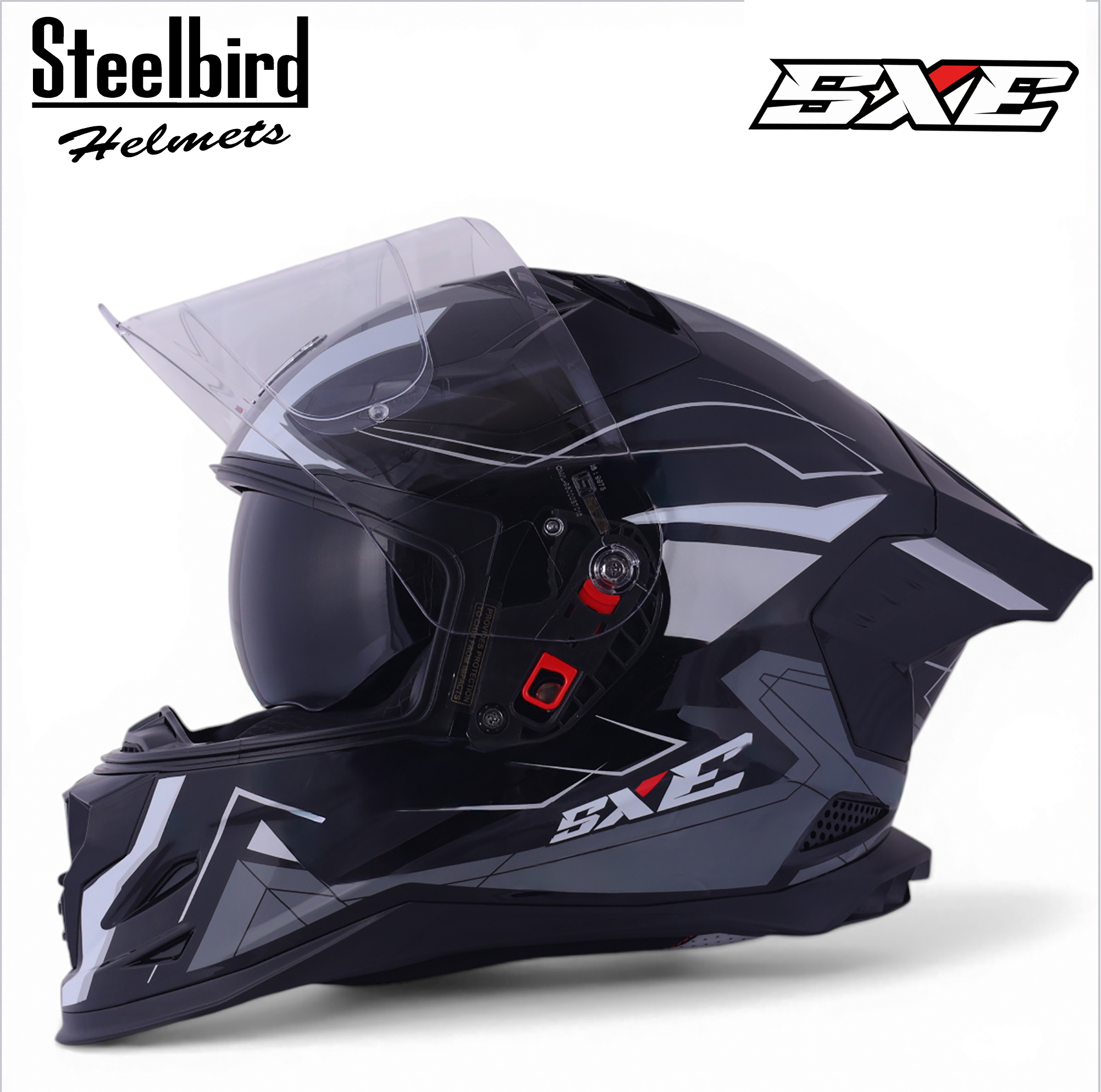 STEELBIRD SBH-61 ISS SXE RACE-X GLOSSY BLACK/SILVER C/V 620MM WITH AFS STEELBIRD SBH-61 ISS SXE RACE-X GLOSSY BLACK/SILVER C/V 620MM WITH AFS