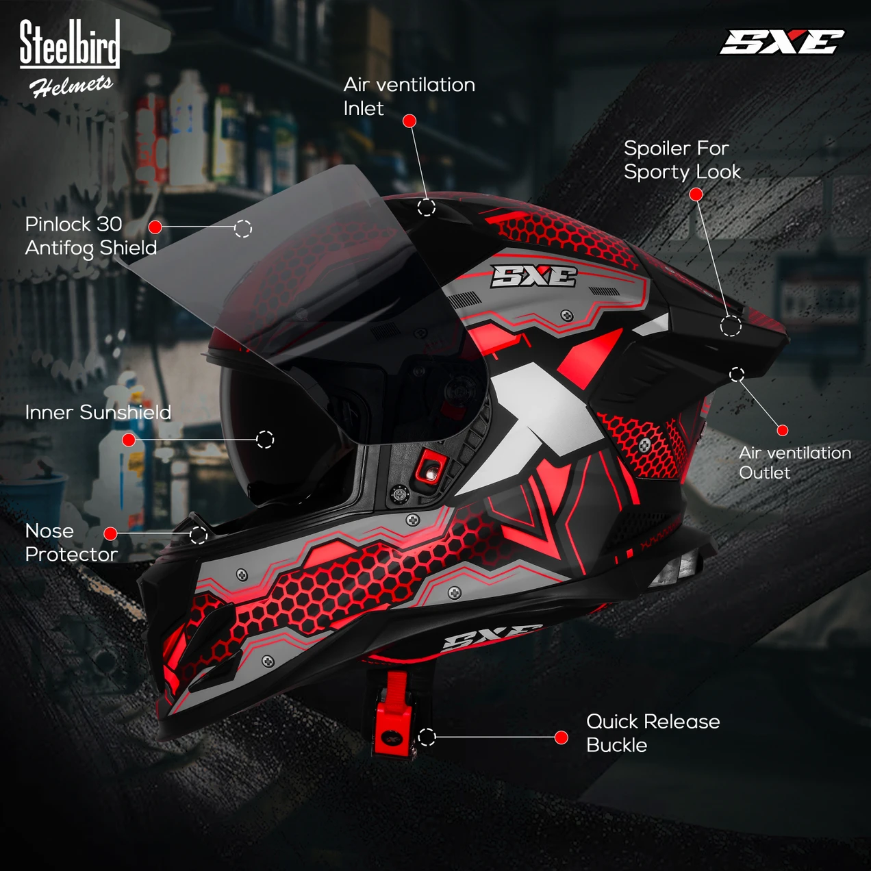 STEELBIRD SBH-61 ISS SXE ST2 GLOSSY BLACK/FL.RED WITH TPE EDITION C/V 600MM WITH EXTRA SMOKE VISOR STEELBIRD SBH-61 ISS SXE ST2 GLOSSY BLACK/FL.RED WITH TPE EDITION C/V 600MM WITH EXTRA SMOKE VISOR
